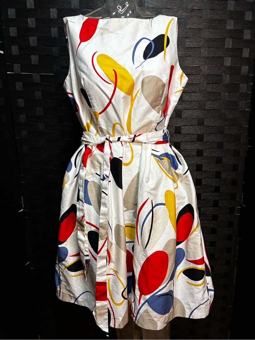 Anne Klein White Midi Dress with Red, Yellow & Blue Abstract Print